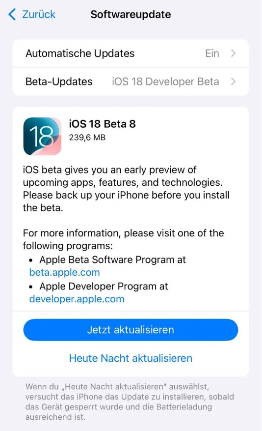 迁西苹果手机维修分享苹果 iOS / iPadOS 18 开发者预览版 Beta 8 发布 